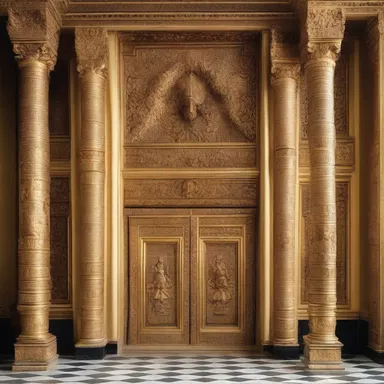 The grand entrance of the palace was deferentially adorned with intricate carvings and gold accents, reflecting the opulence and servile nature of the design.