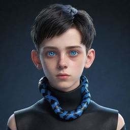 A 3D animation of a serious teenage boy, attired in black aesthetic clothing, features captivating blue robotic eyes and a snake formed from ice coiled around his neck.