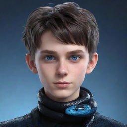 A 3D animation of a teenage boy with a smirking expression, styled in black aesthetic attire, flaunts captivating blue eyes with a glossy snake of ice clinging to his neck.