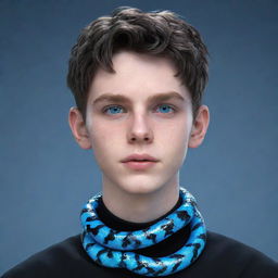 A 3D animation of a teenage boy with a smirking expression, styled in black aesthetic attire, flaunts captivating blue eyes with a glossy snake of ice clinging to his neck.