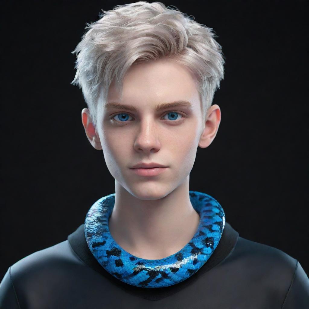 A 3D animation of a teenage boy with a smirking expression, styled in black aesthetic attire, flaunts captivating blue eyes with a glossy snake of ice clinging to his neck.