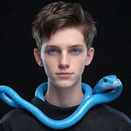 A 3D animation of a teenage boy with a smirking expression, styled in black aesthetic attire, flaunts captivating blue eyes with a glossy snake of ice clinging to his neck.