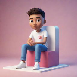 3D styled animated character casually sitting on an Instagram logo, with a social media profile page backdrop featuring a user name and a generic profile picture.