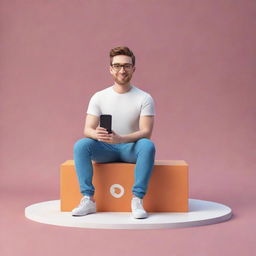 3D styled animated character casually sitting on an Instagram logo, with a social media profile page backdrop featuring a user name and a generic profile picture.