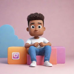 3D styled animated character casually sitting on an Instagram logo, with a social media profile page backdrop featuring a user name and a generic profile picture.