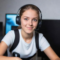 A confident girl gamer in mid-action, her eyes determined, carrying her animated teammates in a video game world, symbolising teamwork and leadership