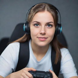 A confident girl gamer in mid-action, her eyes determined, carrying her animated teammates in a video game world, symbolising teamwork and leadership