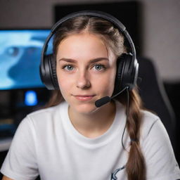 A confident girl gamer in mid-action, her eyes determined, carrying her animated teammates in a video game world, symbolising teamwork and leadership