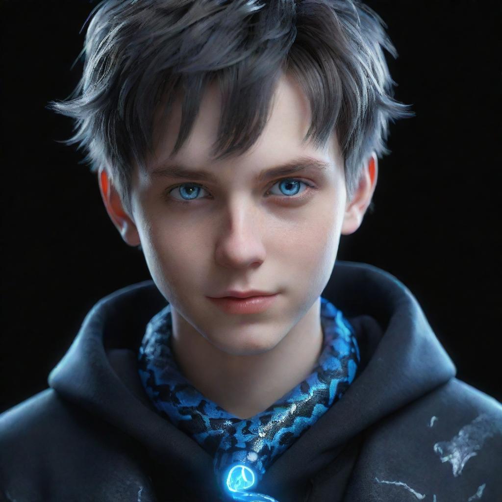 A 3D animated teenage boy with a sly smirk, clothed in dark aesthetic attire, featuring spectacular blue eyes, and an icy snake wrapped around his neck emanating an electrical aura.