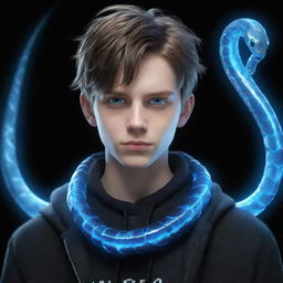 A 3D animated teenage boy with a sly smirk, clothed in dark aesthetic attire, featuring spectacular blue eyes, and an icy snake wrapped around his neck emanating an electrical aura.