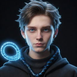 A 3D animated teenage boy with a sly smirk, clothed in dark aesthetic attire, featuring spectacular blue eyes, and an icy snake wrapped around his neck emanating an electrical aura.