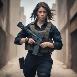 An empowering and visually striking female figure possessing exceptional strength carrying her teammates in one hand, while holding a serious looking firearm in her other hand, all amidst a dynamic setting.