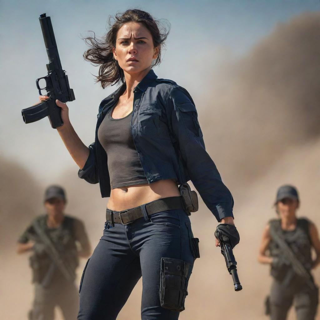 An empowering and visually striking female figure possessing exceptional strength carrying her teammates in one hand, while holding a serious looking firearm in her other hand, all amidst a dynamic setting.