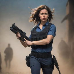 An empowering and visually striking female figure possessing exceptional strength carrying her teammates in one hand, while holding a serious looking firearm in her other hand, all amidst a dynamic setting.