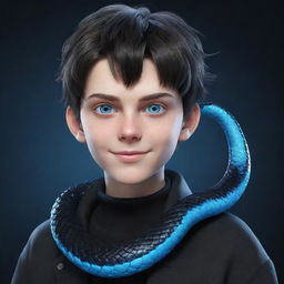 A 3D animated teenage boy, smirking, dressed in black aesthetic clothing, showcasing electrifying blue eyes and an ice snake coiled around his neck.