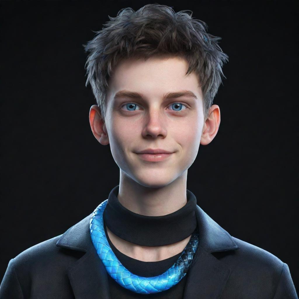 A 3D animated teenage boy, smirking, dressed in black aesthetic clothing, showcasing electrifying blue eyes and an ice snake coiled around his neck.