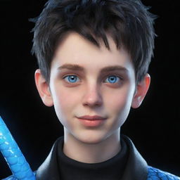 A 3D animated teenage boy, smirking, dressed in black aesthetic clothing, showcasing electrifying blue eyes and an ice snake coiled around his neck.