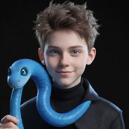 A 3D animated teenage boy, smirking, dressed in black aesthetic clothing, showcasing electrifying blue eyes and an ice snake coiled around his neck.