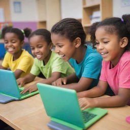 An engaging and stimulating image of happy children exploring programming on brightly colored, kid-friendly computers in a classroom setting, aimed at appealing to parents.