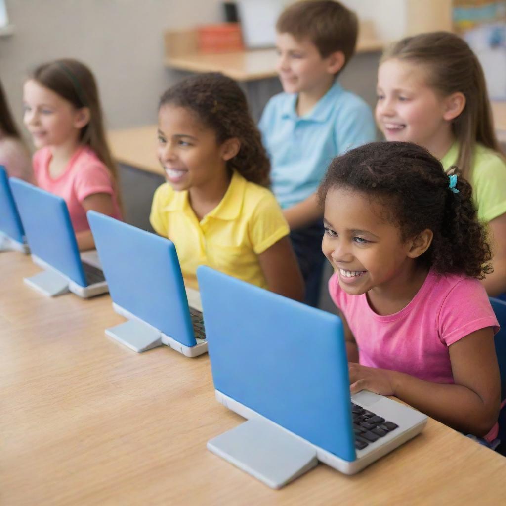 An engaging and stimulating image of happy children exploring programming on brightly colored, kid-friendly computers in a classroom setting, aimed at appealing to parents.