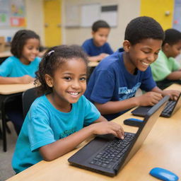 An engaging and stimulating image of happy children exploring programming on brightly colored, kid-friendly computers in a classroom setting, aimed at appealing to parents.