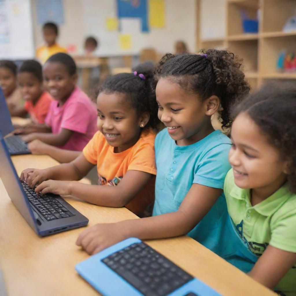 An engaging and stimulating image of happy children exploring programming on brightly colored, kid-friendly computers in a classroom setting, aimed at appealing to parents.