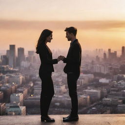 Two people in love, situated on a bustling city backdrop at sunset