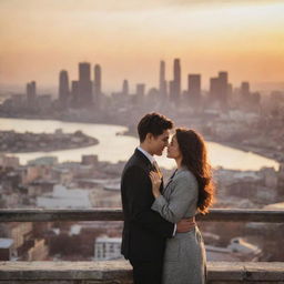 Two people in love, situated on a bustling city backdrop at sunset