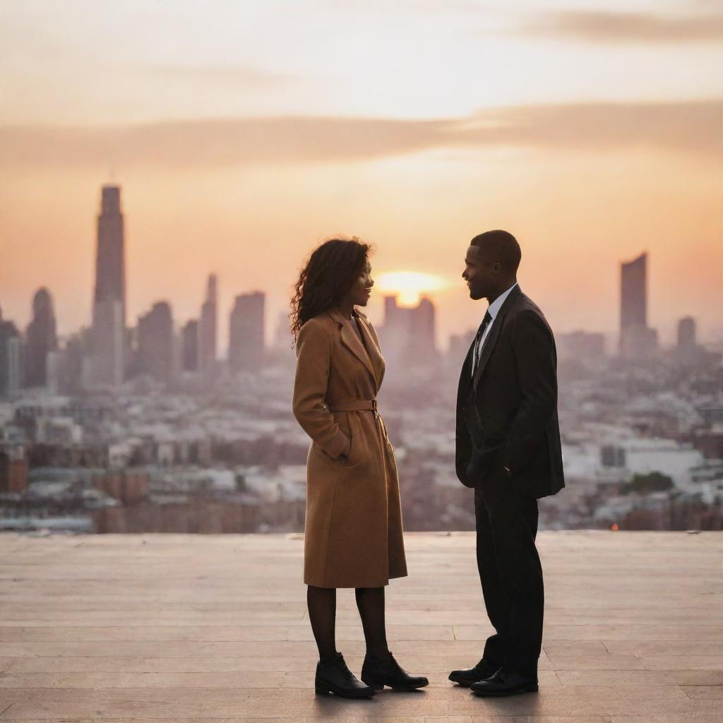 Two people in love, situated on a bustling city backdrop at sunset