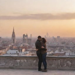 Two people in love, situated on a bustling city backdrop at sunset