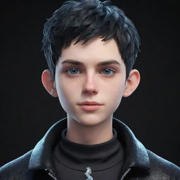 A 3D animated teenage boy with a smirk, stylishly clothed in a black aesthetic outfit, showcases eyes composed of glistening ice, an equally icy snake twisting around his neck.