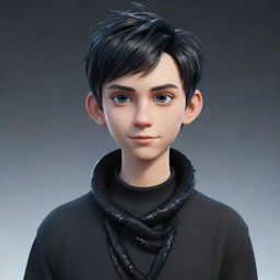 A 3D animated teenage boy with a smirk, stylishly clothed in a black aesthetic outfit, showcases eyes composed of glistening ice, an equally icy snake twisting around his neck.