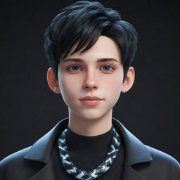 A 3D animated teenage boy with a smirk, stylishly clothed in a black aesthetic outfit, showcases eyes composed of glistening ice, an equally icy snake twisting around his neck.