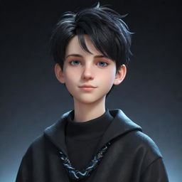 A 3D animated teenage boy with a smirk, stylishly clothed in a black aesthetic outfit, showcases eyes composed of glistening ice, an equally icy snake twisting around his neck.