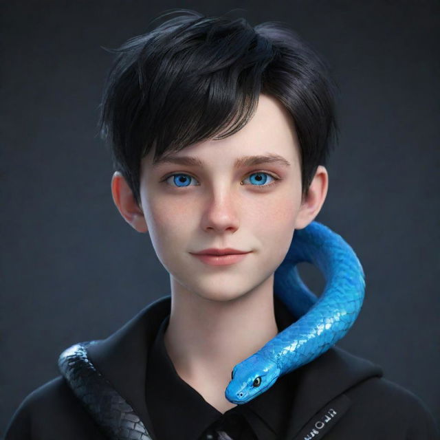 A 3D animated smirking teenage boy, dressed in black aesthetic attire, with bright blue eyes, and an ice snake elegantly slithering over his shoulder.