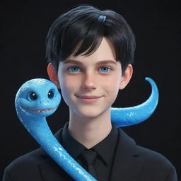 A 3D animated smirking teenage boy, dressed in black aesthetic attire, with bright blue eyes, and an ice snake elegantly slithering over his shoulder.