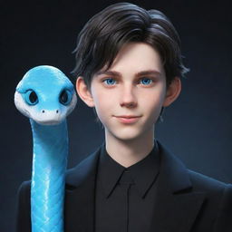 A 3D animated smirking teenage boy, dressed in black aesthetic attire, with bright blue eyes, and an ice snake elegantly slithering over his shoulder.