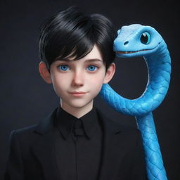 A 3D animated smirking teenage boy, dressed in black aesthetic attire, with bright blue eyes, and an ice snake elegantly slithering over his shoulder.