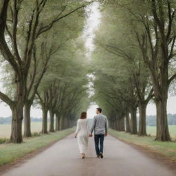 A couple in love, taking a leisurely walk on a scenic road lined with trees