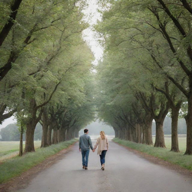 A couple in love, taking a leisurely walk on a scenic road lined with trees