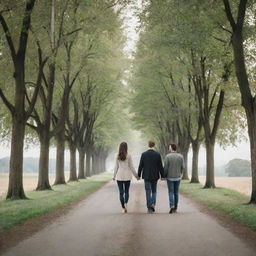 A couple in love, taking a leisurely walk on a scenic road lined with trees