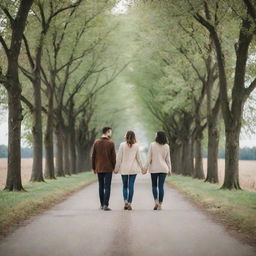 A couple in love, taking a leisurely walk on a scenic road lined with trees