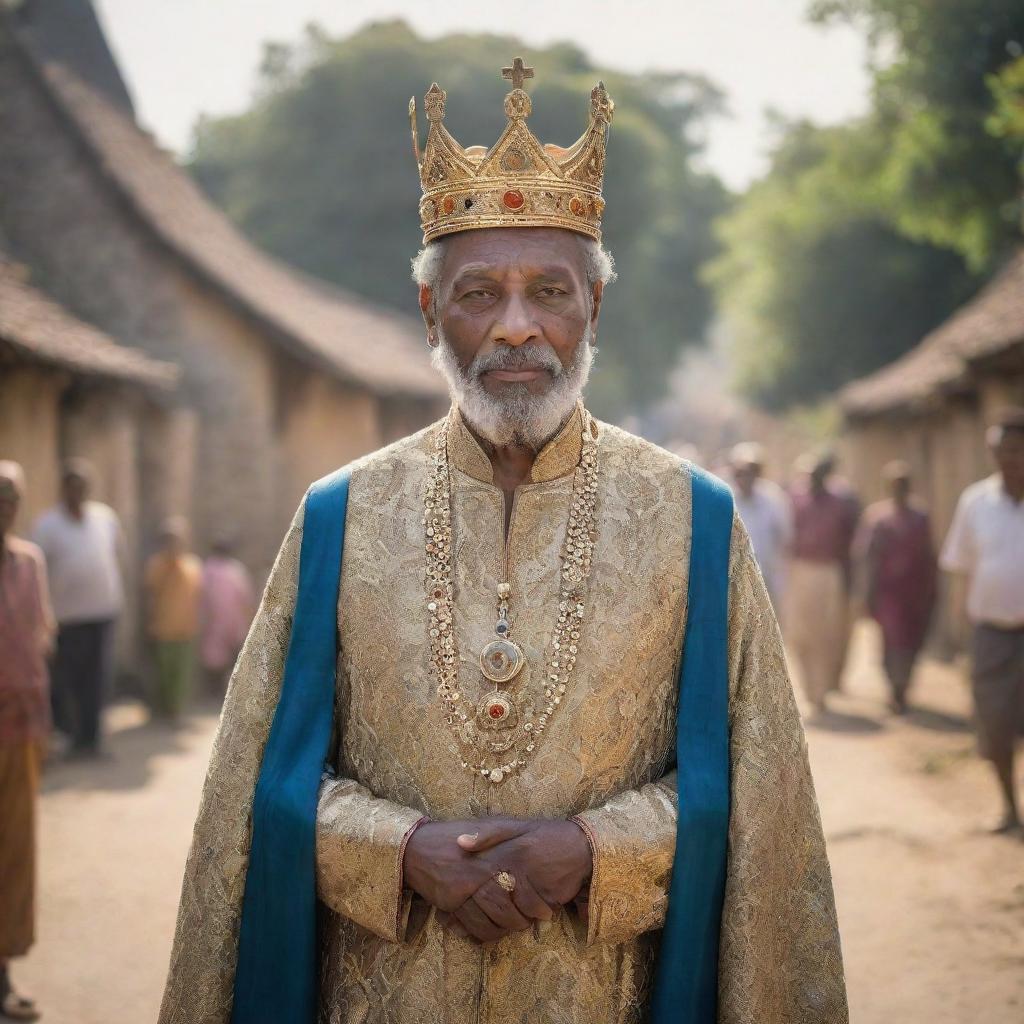 A majestically dressed king, exuding authority and wisdom, is at the heart of a quaint rural village. His gilded crown glimmers under the sunlight as villagers admire their leader.