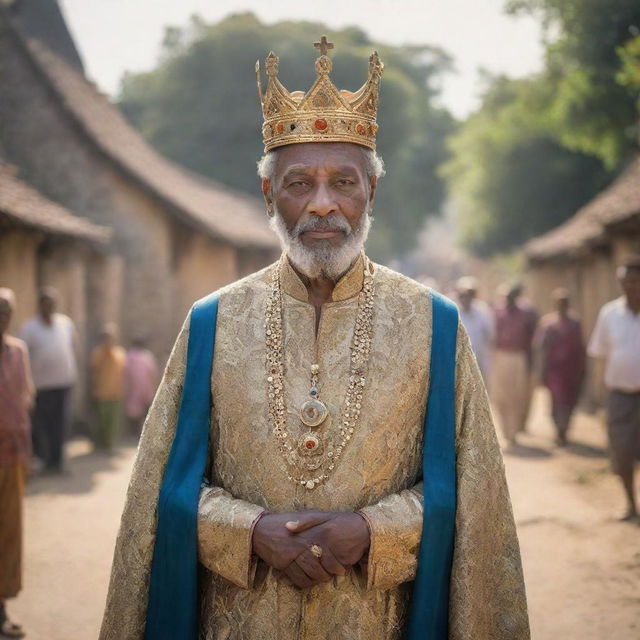 A majestically dressed king, exuding authority and wisdom, is at the heart of a quaint rural village. His gilded crown glimmers under the sunlight as villagers admire their leader.