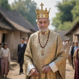 A majestically dressed king, exuding authority and wisdom, is at the heart of a quaint rural village. His gilded crown glimmers under the sunlight as villagers admire their leader.