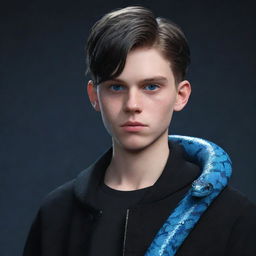 A 3D animation of a serious-faced teenage boy in trendy black aesthetic attire, spotlighting piercing blue eyes and an ice snake gracefully draped over his shoulder.