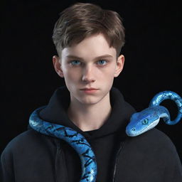 A 3D animation of a serious-faced teenage boy in trendy black aesthetic attire, spotlighting piercing blue eyes and an ice snake gracefully draped over his shoulder.