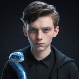 A 3D animation of a serious-faced teenage boy in trendy black aesthetic attire, spotlighting piercing blue eyes and an ice snake gracefully draped over his shoulder.