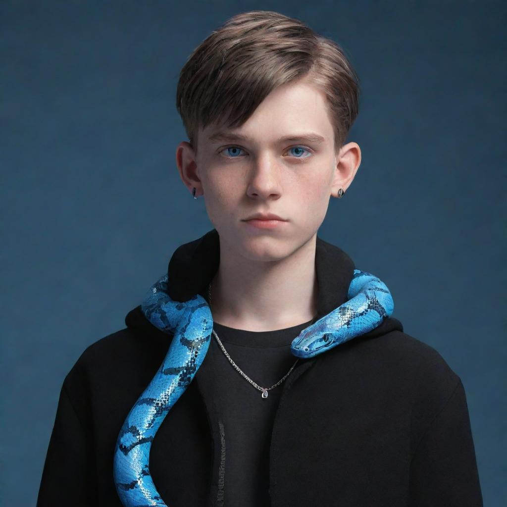 A 3D animation of a serious-faced teenage boy in trendy black aesthetic attire, spotlighting piercing blue eyes and an ice snake gracefully draped over his shoulder.