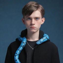 A 3D animation of a serious-faced teenage boy in trendy black aesthetic attire, spotlighting piercing blue eyes and an ice snake gracefully draped over his shoulder.